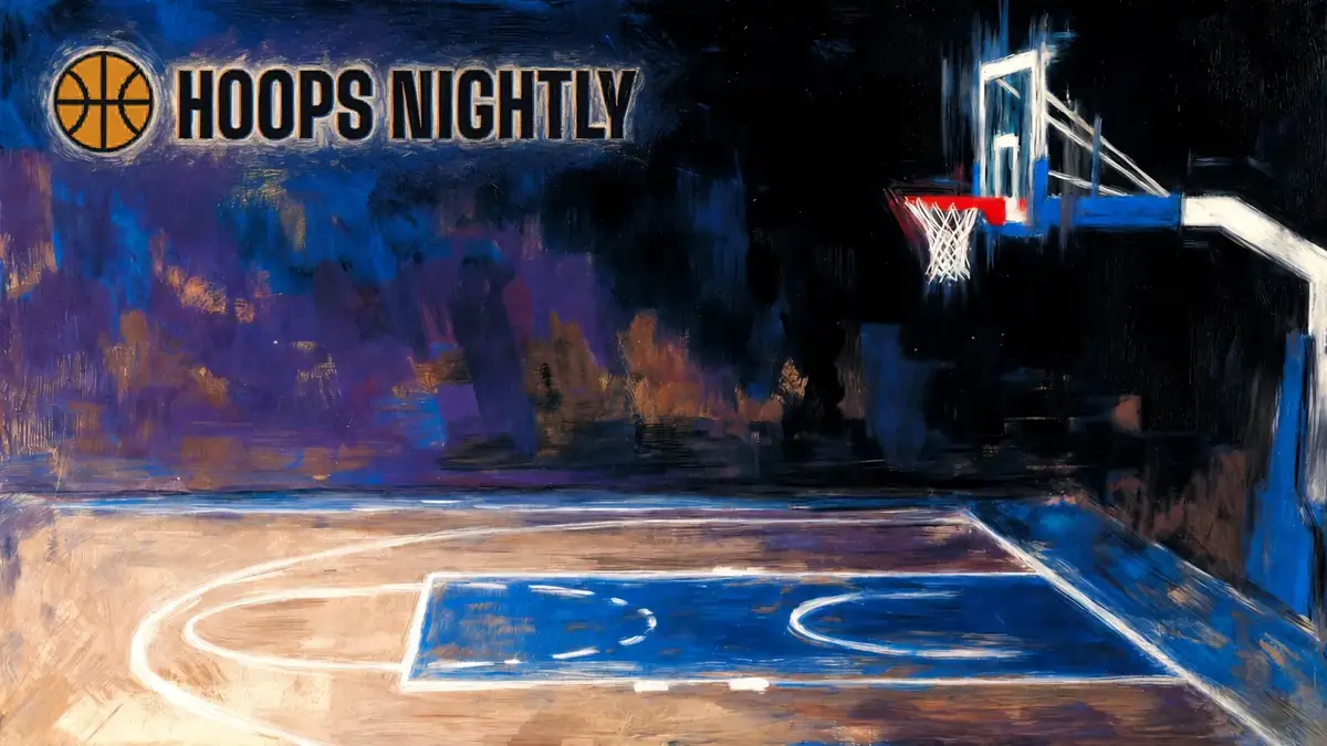 Hoops Nightly: a painted court at night, the hoop lit, the wordmark over the sky